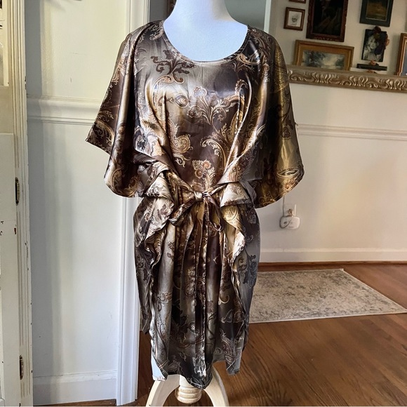 Vintage Dresses & Skirts - Vintage Gold 60s 70s silky Paisley Kaftan Mini butterfly Dress Angel Sleeves